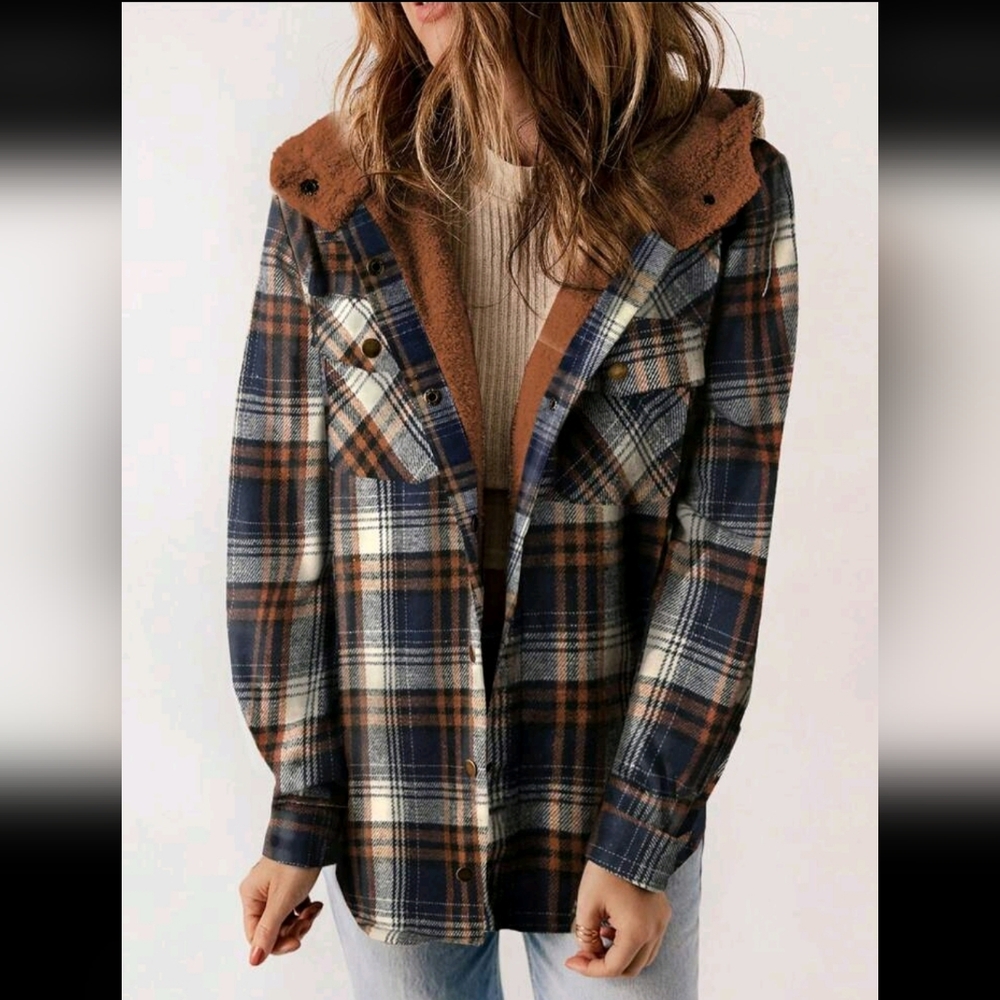 Plaid Utility Jacket in Blue and Brown With Fur Lining